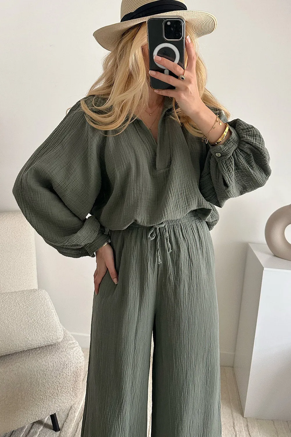 Mist Green Crinkle Split Neck Top Loose Drawstring Pants Set