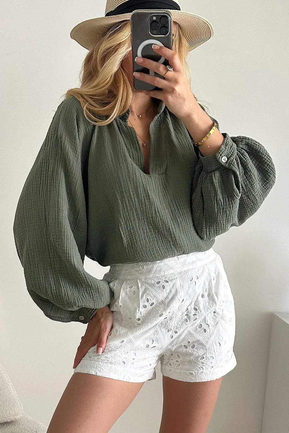 Mist Green Crinkle Split Neck Top Loose Drawstring Pants Set