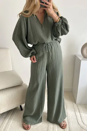 Mist Green Crinkle Split Neck Top Loose Drawstring Pants Set