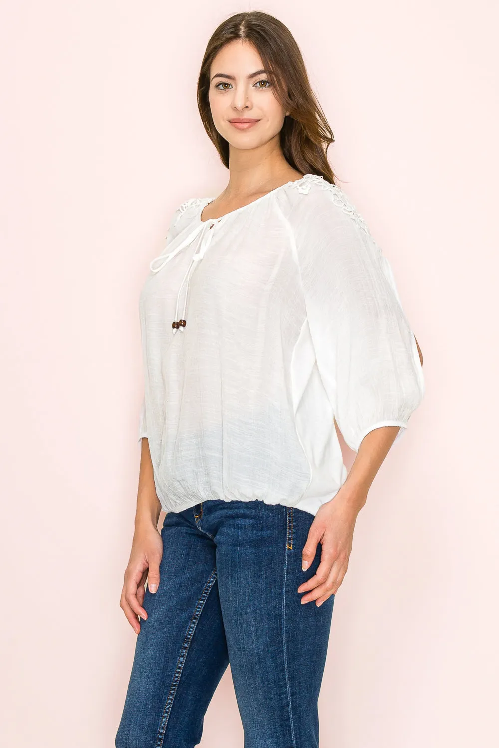 MIX MEDIA CROCHET SHOULDER TASSEL PEASANT BLOUSE