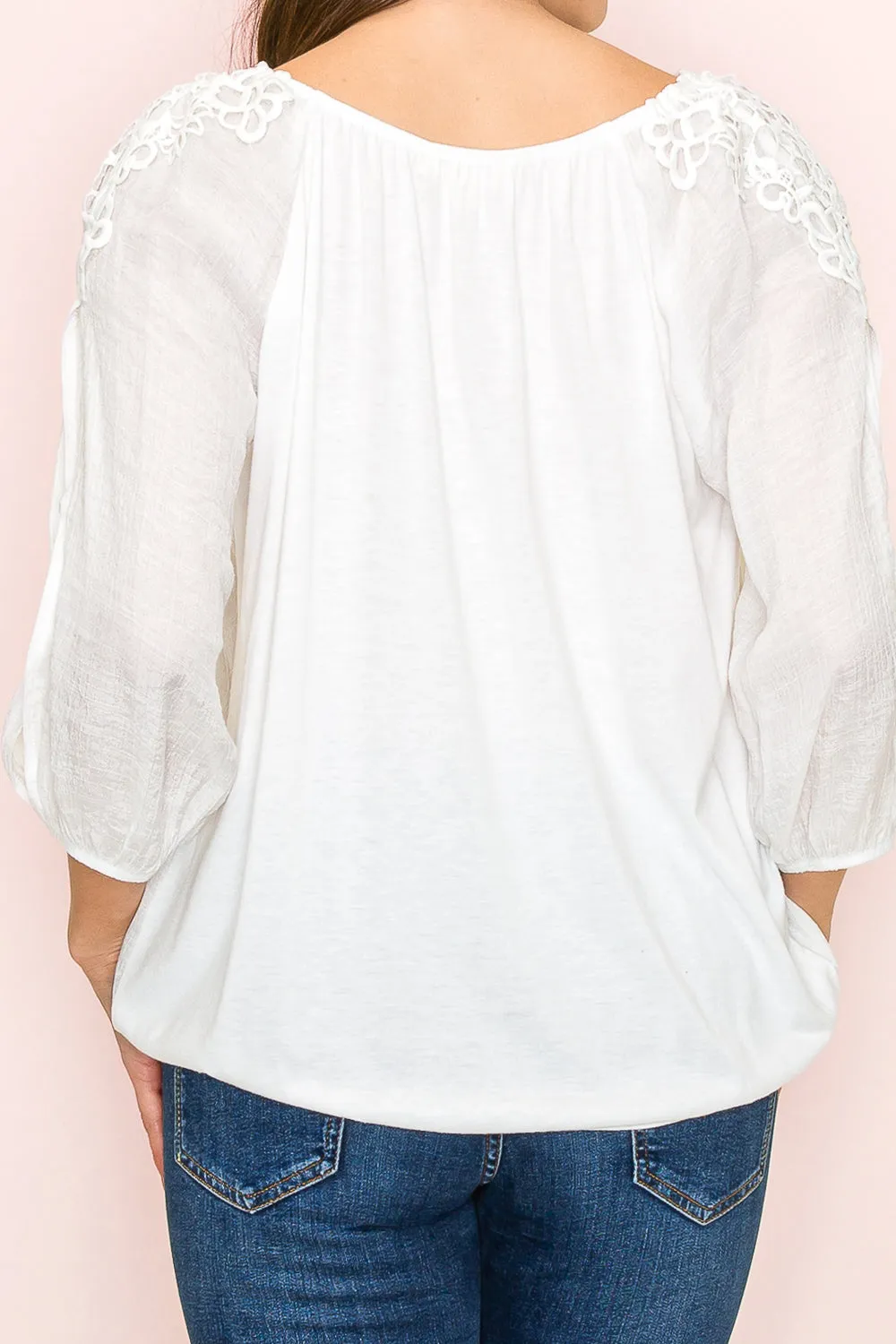 MIX MEDIA CROCHET SHOULDER TASSEL PEASANT BLOUSE