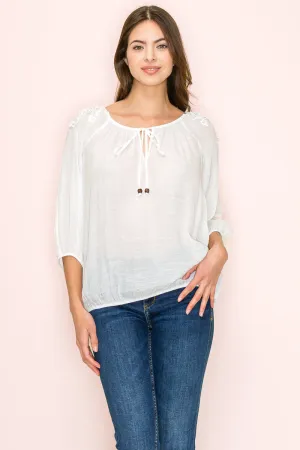MIX MEDIA CROCHET SHOULDER TASSEL PEASANT BLOUSE