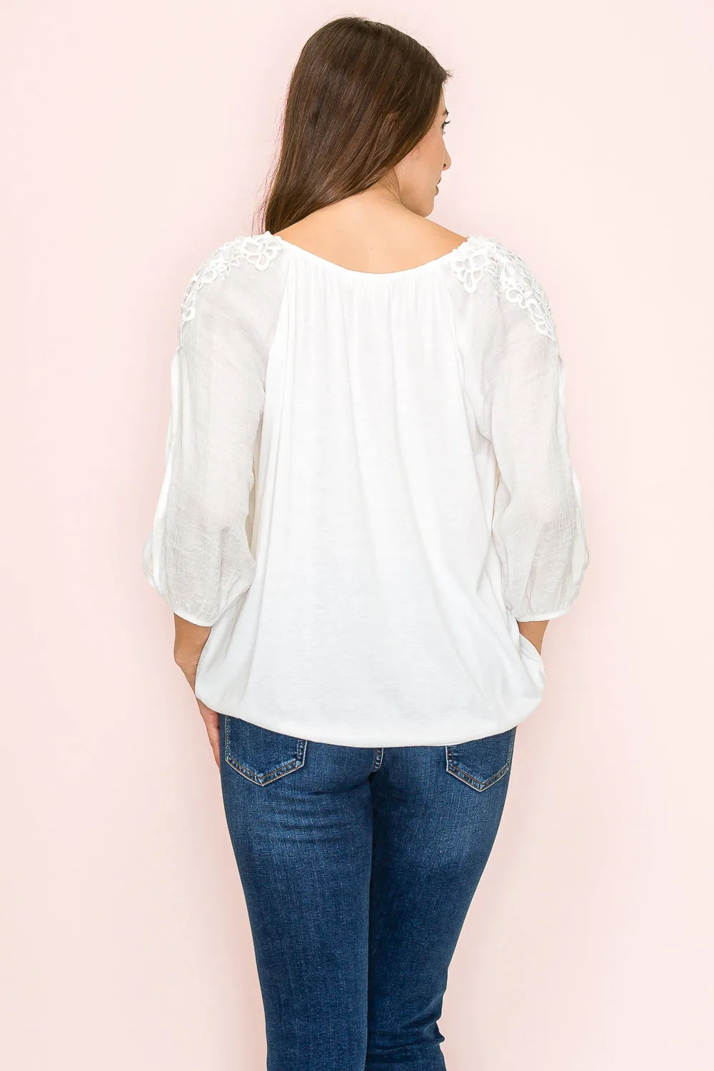 MIX MEDIA CROCHET SHOULDER TASSEL PEASANT BLOUSE