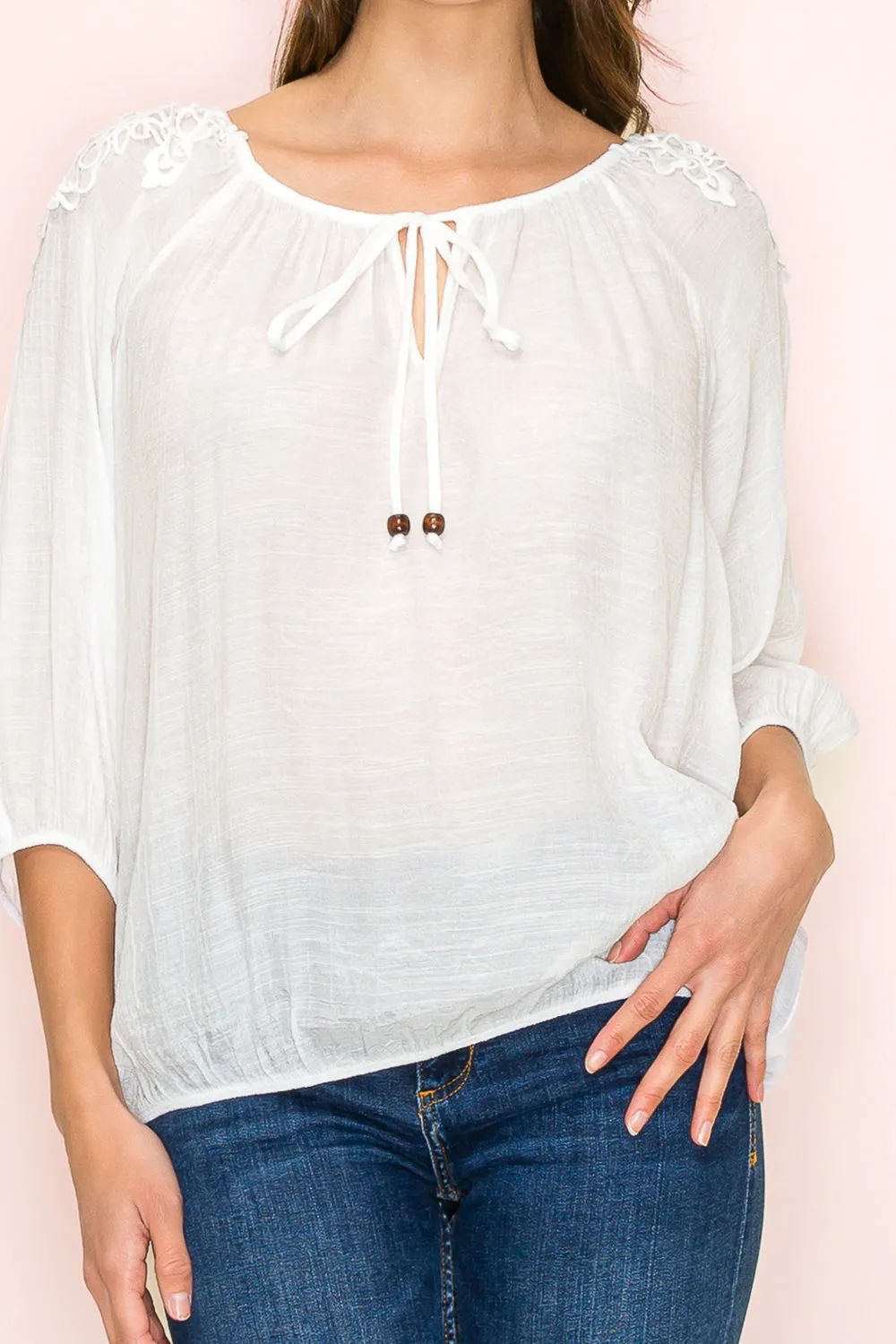 MIX MEDIA CROCHET SHOULDER TASSEL PEASANT BLOUSE
