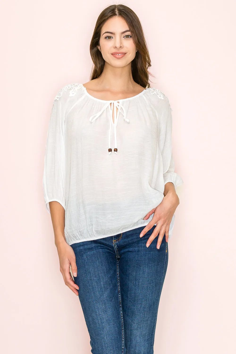 MIX MEDIA CROCHET SHOULDER TASSEL PEASANT BLOUSE