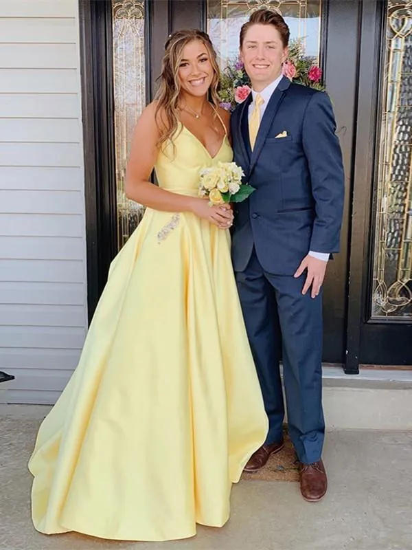 Modest Spaghetti Straps Satin Prom Dresses A-line Rhinestones Formal Dress CP114