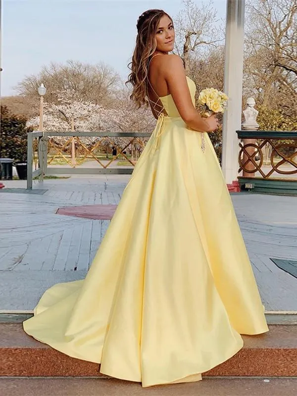 Modest Spaghetti Straps Satin Prom Dresses A-line Rhinestones Formal Dress CP114