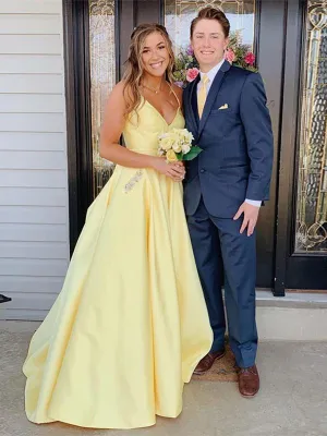 Modest Spaghetti Straps Satin Prom Dresses A-line Rhinestones Formal Dress CP114