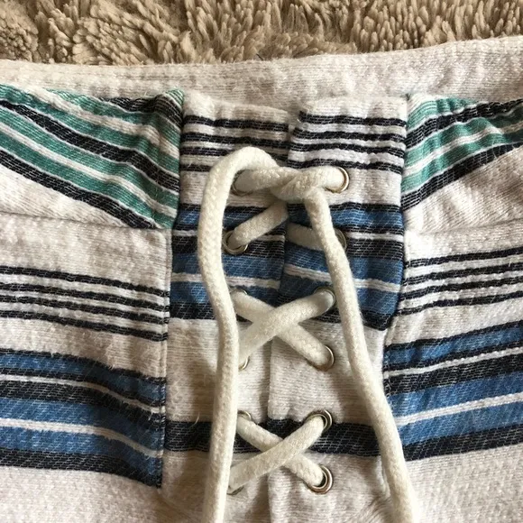 MONROW White and Blue Cotton Lace Up striped shorts