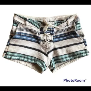 MONROW White and Blue Cotton Lace Up striped shorts