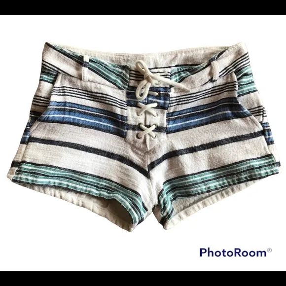 MONROW White and Blue Cotton Lace Up striped shorts