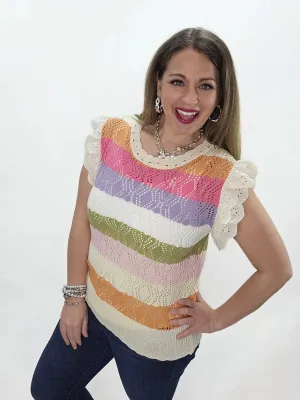 MULTI STRIPE OPEN KNIT CROCHET TRIM KNIT TOP