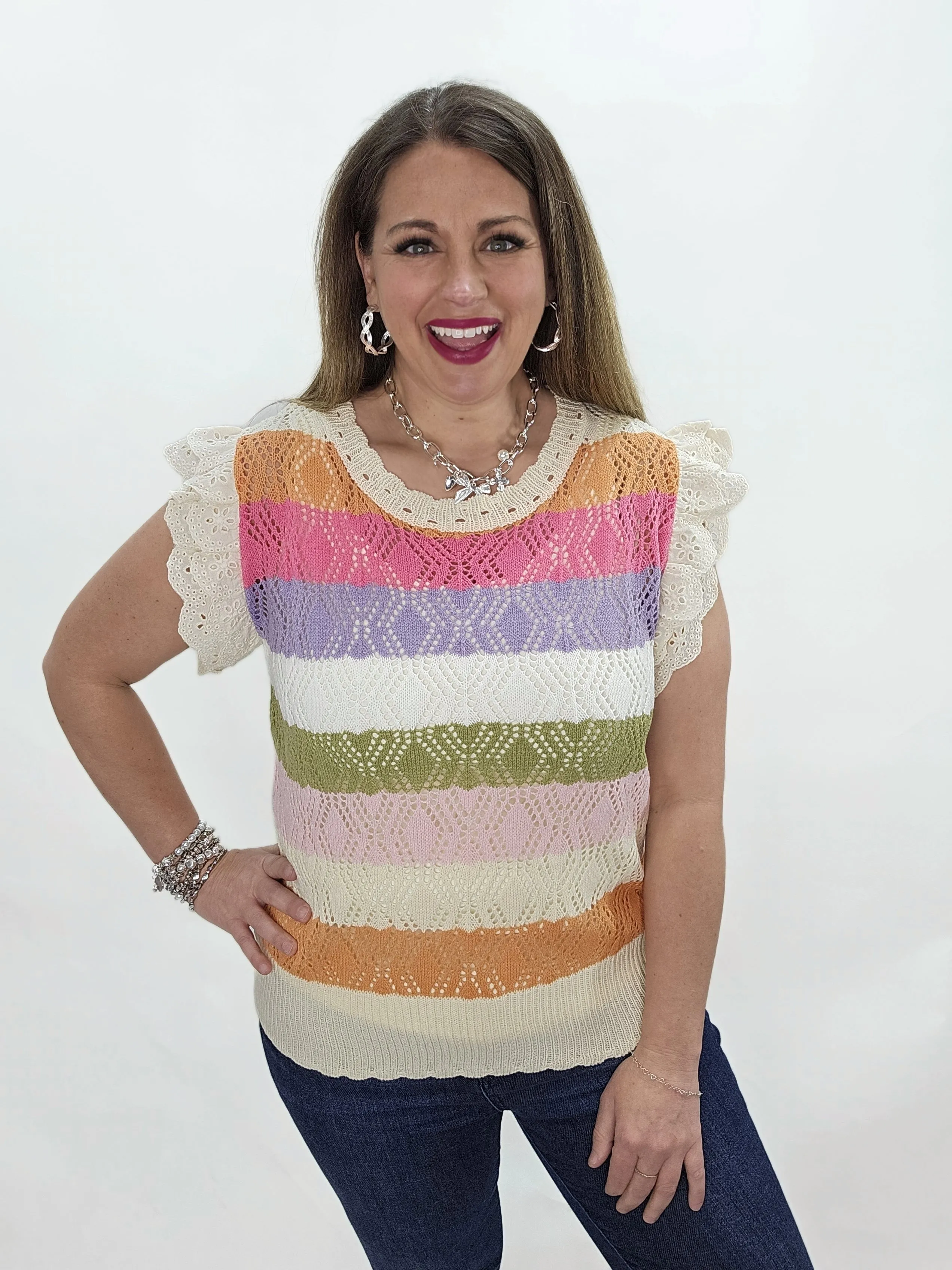 MULTI STRIPE OPEN KNIT CROCHET TRIM KNIT TOP
