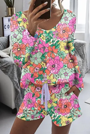 Multicolor Flower Print Long Sleeve Pullover and Drawstring Shorts Lounge Set