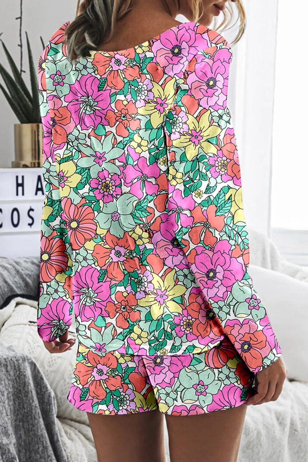 Multicolor Flower Print Long Sleeve Pullover and Drawstring Shorts Lounge Set