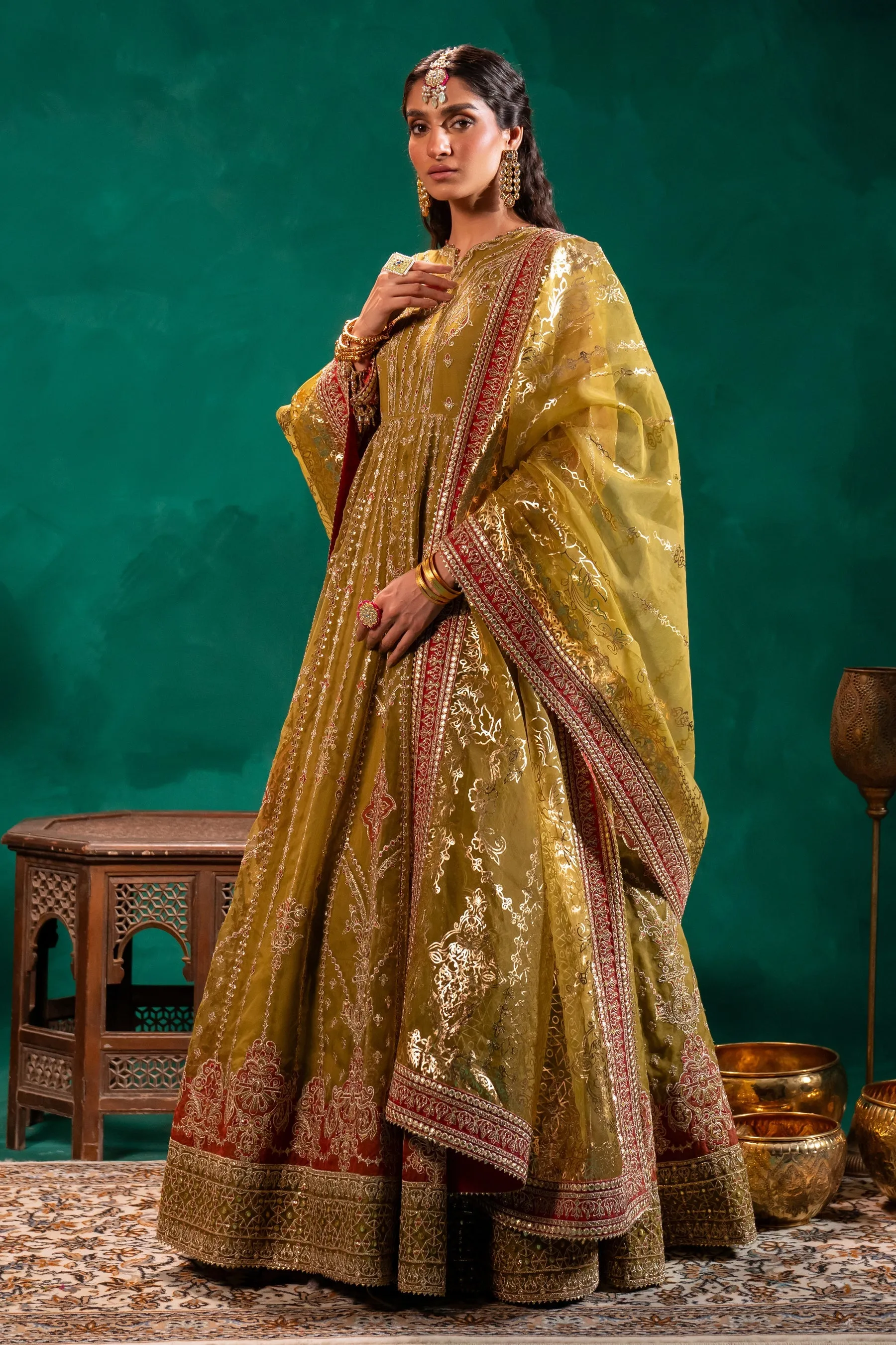 Mustard Green Embroidered Pakistani Wedding Dress in Long Frock Style