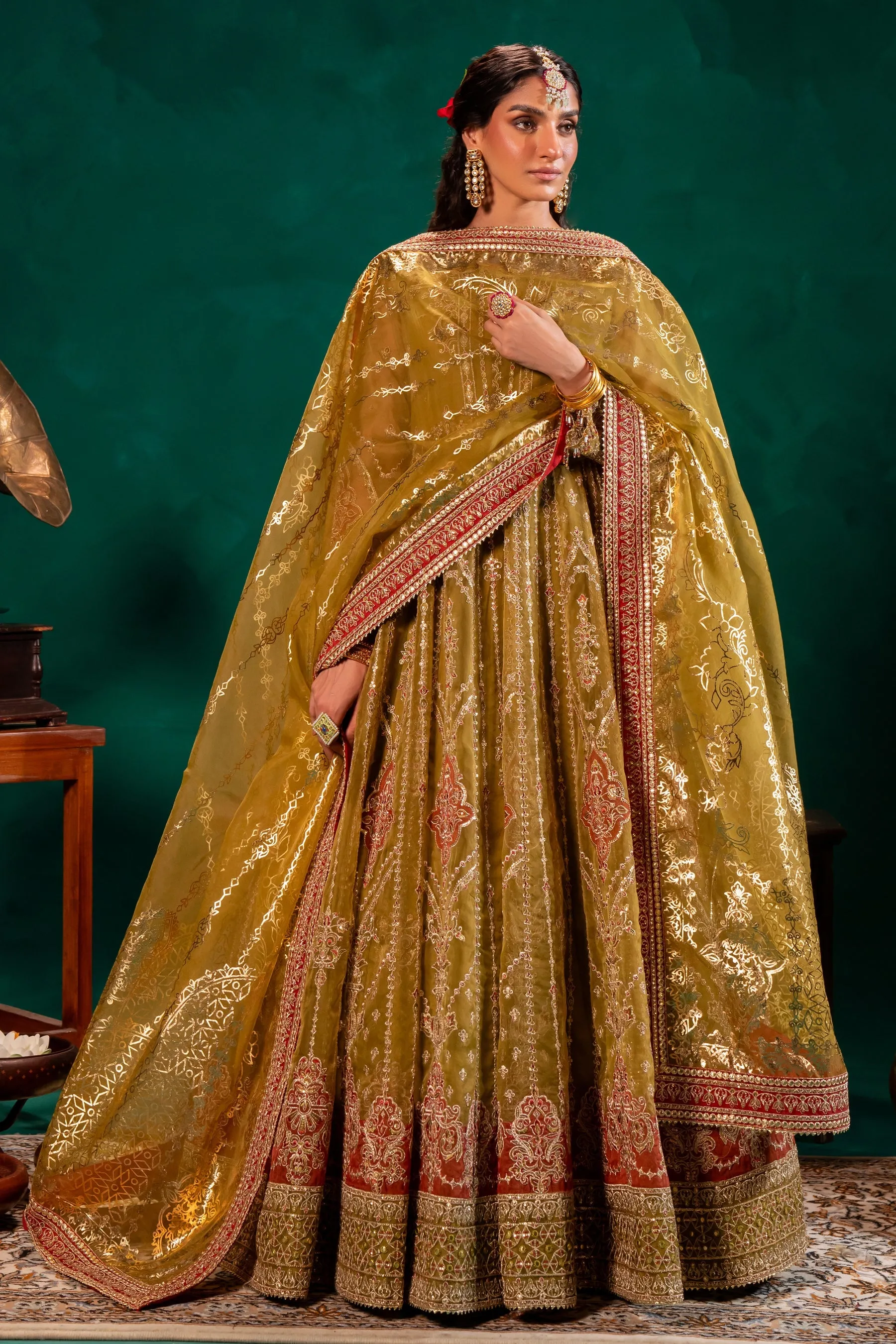 Mustard Green Embroidered Pakistani Wedding Dress in Long Frock Style
