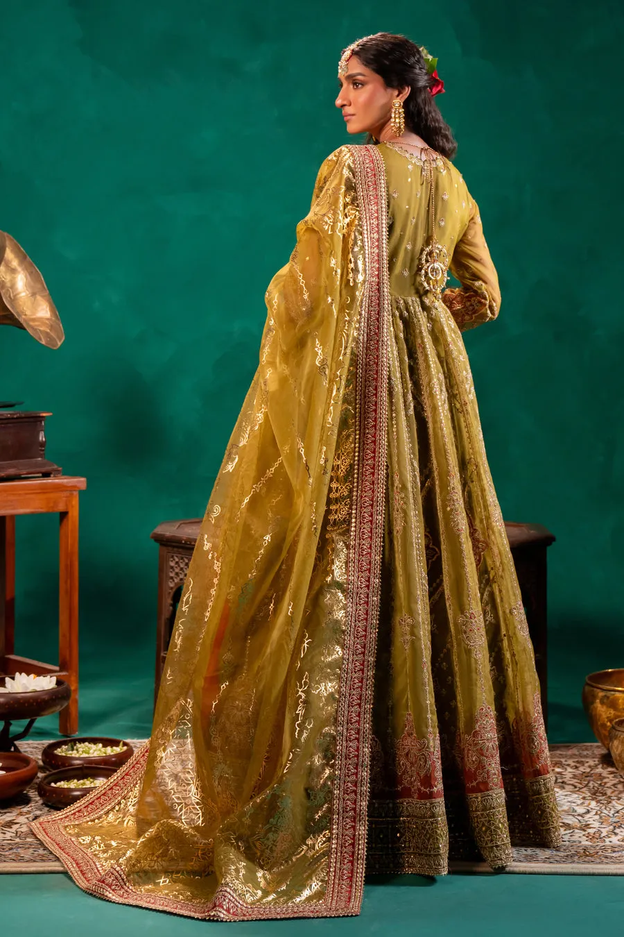 Mustard Green Embroidered Pakistani Wedding Dress in Long Frock Style