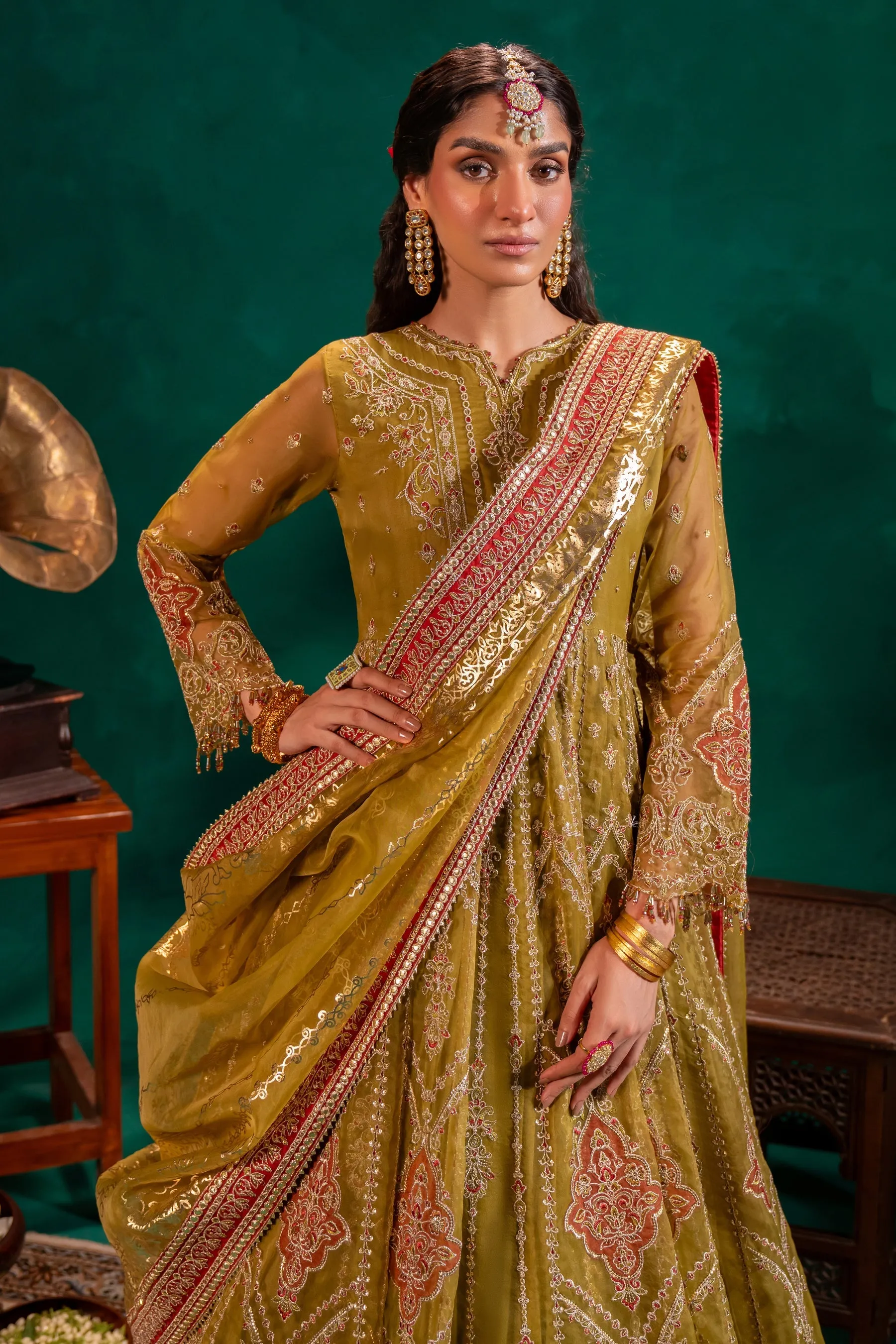 Mustard Green Embroidered Pakistani Wedding Dress in Long Frock Style