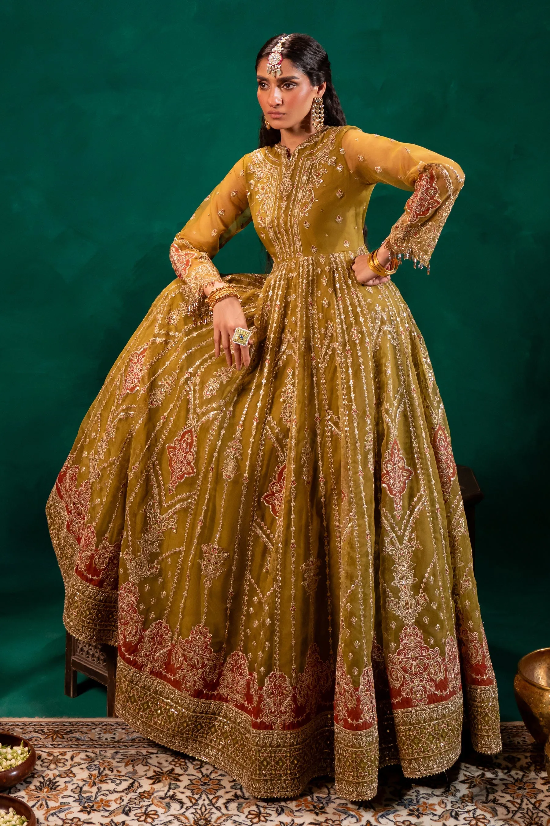 Mustard Green Embroidered Pakistani Wedding Dress in Long Frock Style
