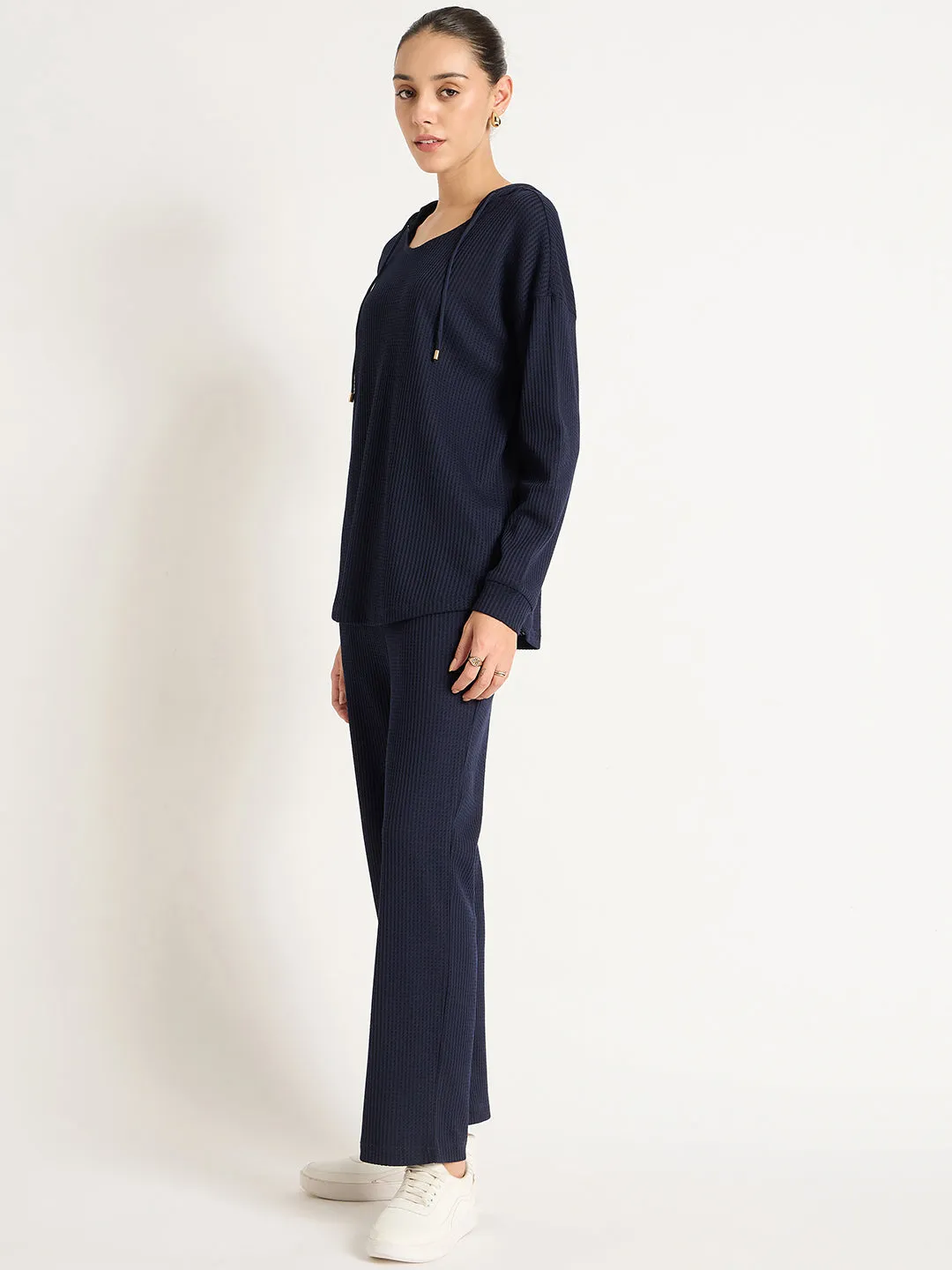 Navy Waffle Knit Hoodie Co-Ord Set