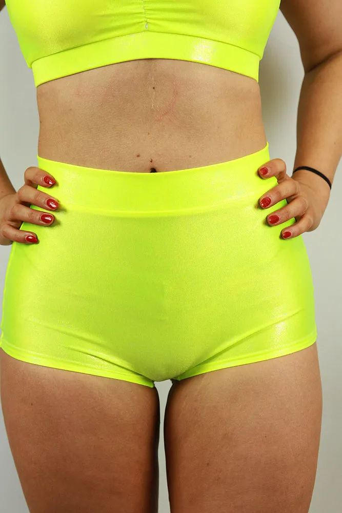 Neon Yellow Sparkle High Waist Cheeky Shorts