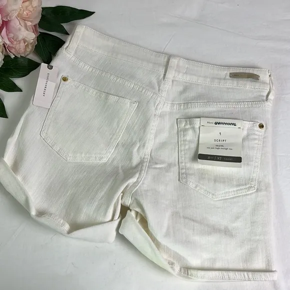 NEW Anthropologie Pilcro Script High-Rise White Cotton Blend Cuffed Shorts Sz 27