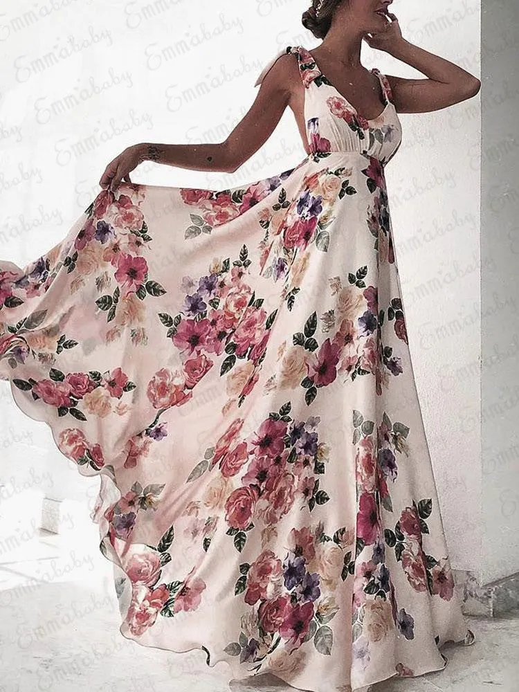 New Women Boho Long Maxi Printed Dress Ladies Cocktail Party Backless V neck Summer Beach Sun dresses