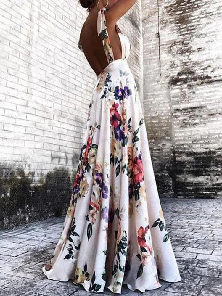 New Women Boho Long Maxi Printed Dress Ladies Cocktail Party Backless V neck Summer Beach Sun dresses