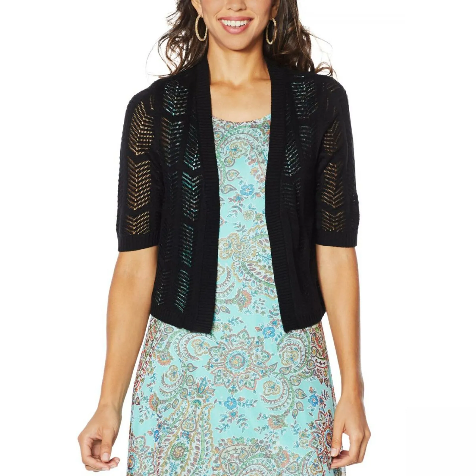 Nina Leonard Women's Elbow Sleeve Crochet Bolero Cardigan