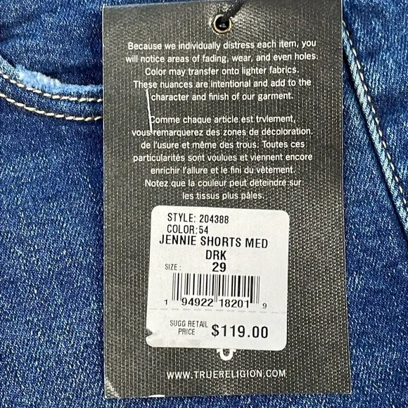 NWT True Religion Jennie Curvy Shorts Medium Dark Wash High Rise Sz 29