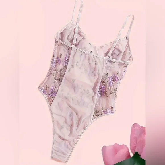 NWT Women's purple Strap Butterfly Mesh Stretch Lace Lingerie Bodysuit M