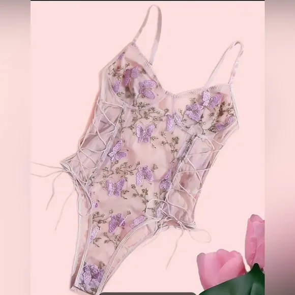 NWT Women's purple Strap Butterfly Mesh Stretch Lace Lingerie Bodysuit M