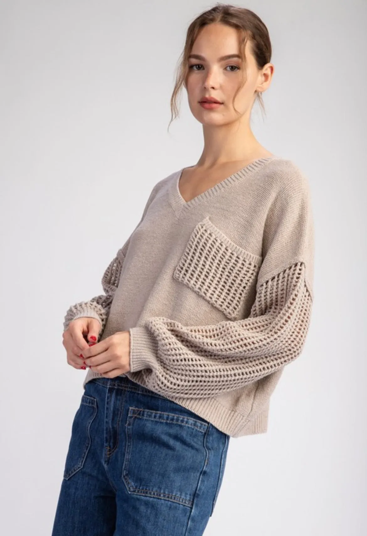 Oatmeal Crochet Sleeve Sweater