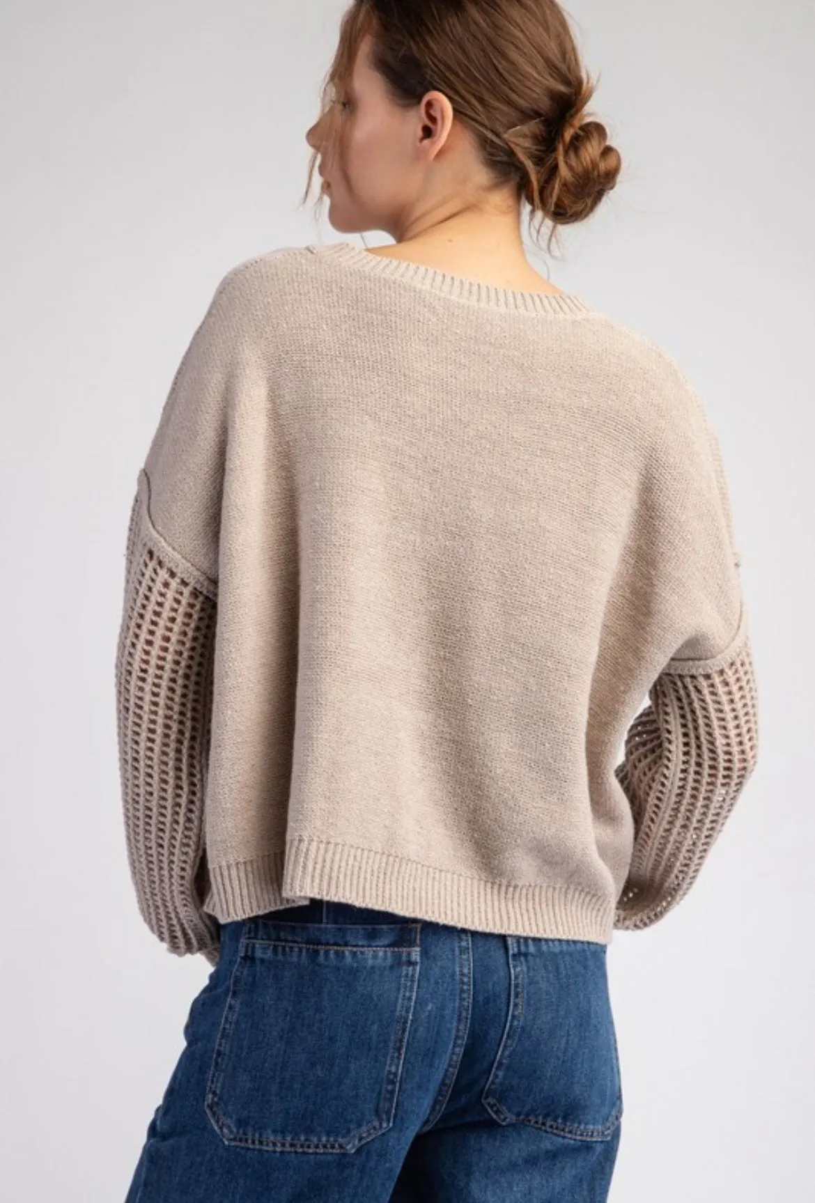 Oatmeal Crochet Sleeve Sweater
