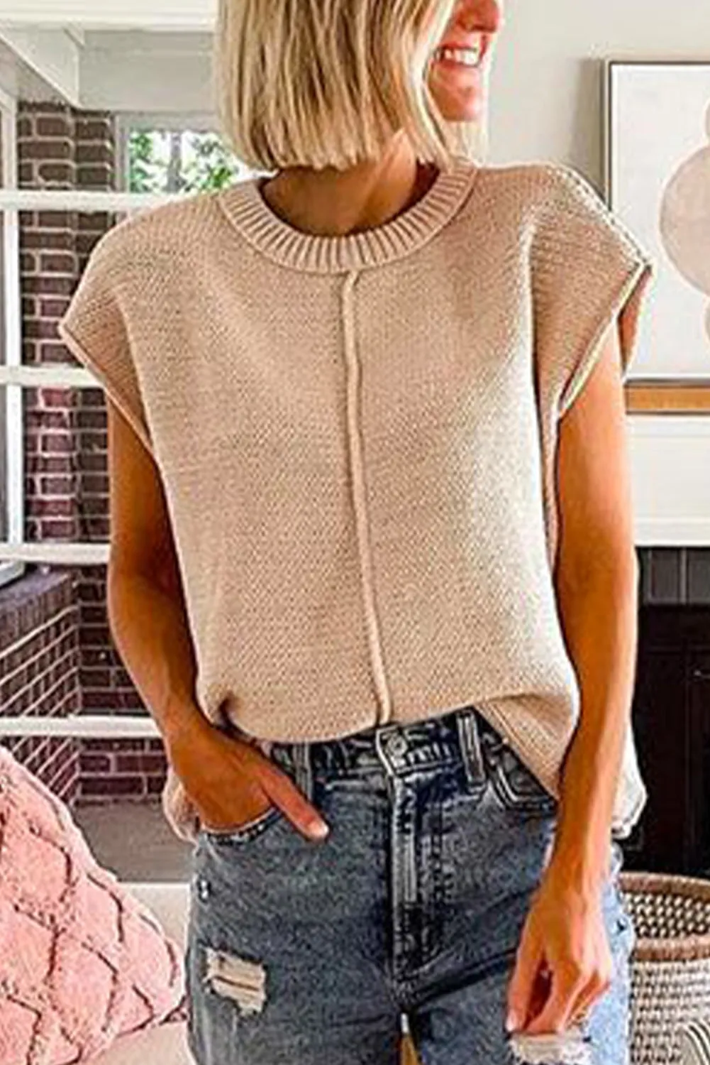 Oatmeal Solid Cap Sleeve Loose Fit Knit T Shirt