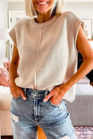 Oatmeal Solid Cap Sleeve Loose Fit Knit T Shirt