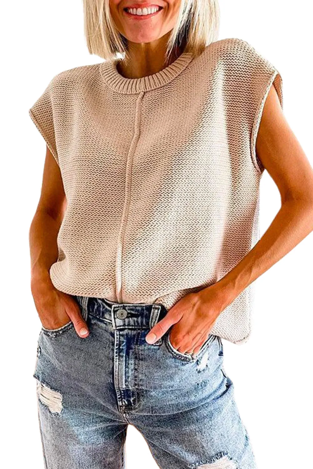 Oatmeal Solid Cap Sleeve Loose Fit Knit T Shirt