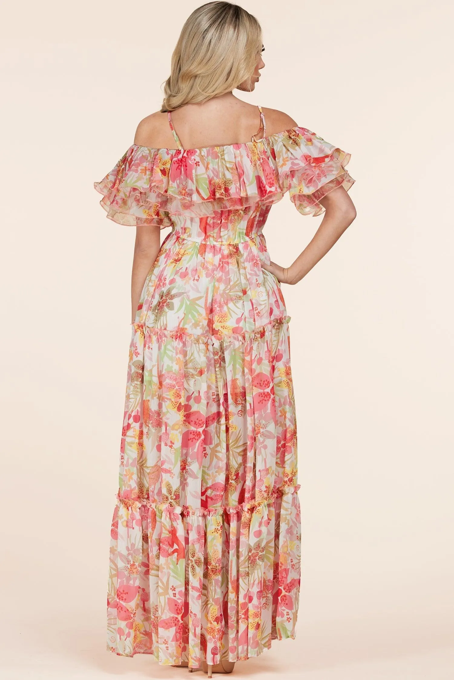 OFF SHOULDER SHORT SLEEVE RUFFLE DRESS