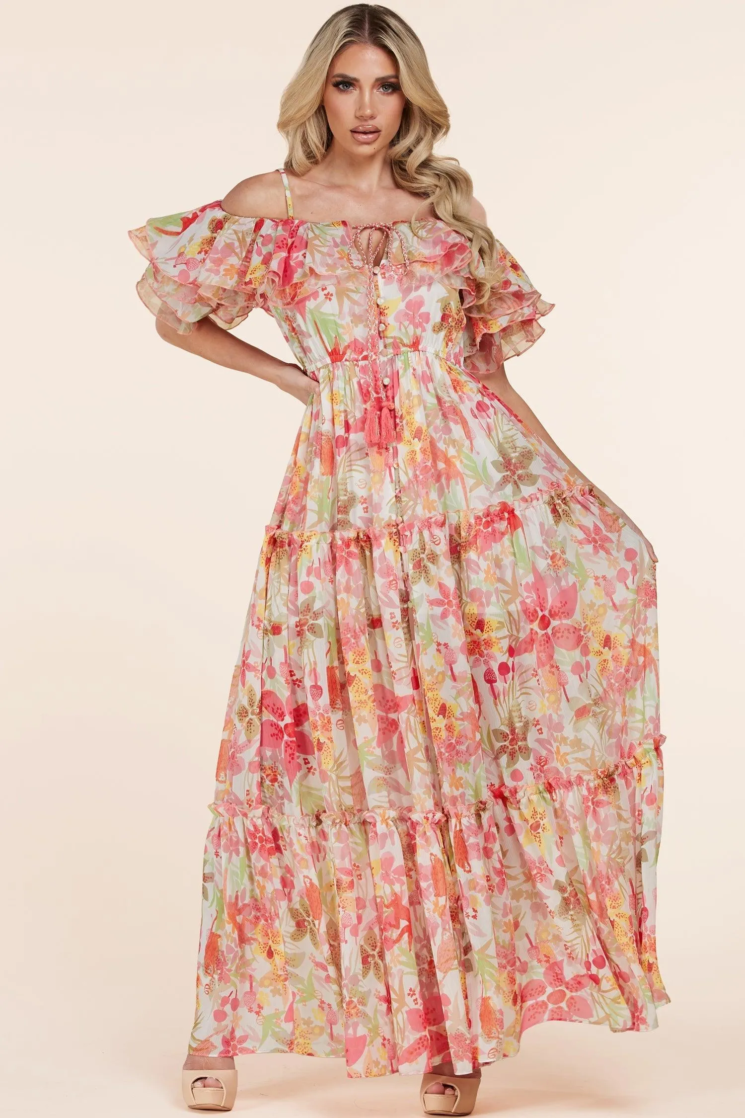 OFF SHOULDER SHORT SLEEVE RUFFLE DRESS