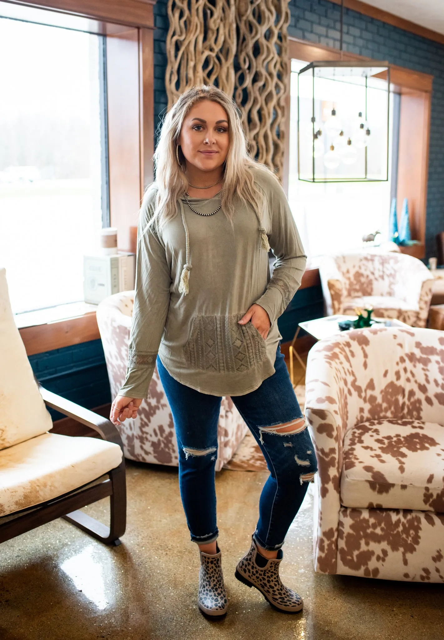 Olive Crochet Pocket Hoodie