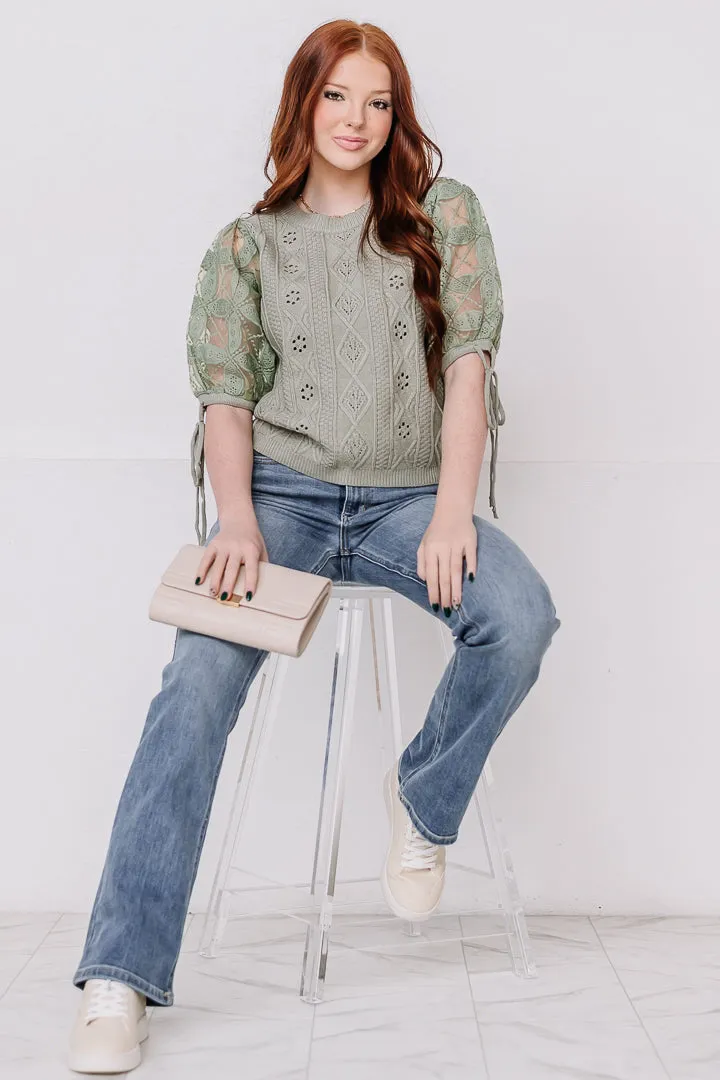 On Point Crochet Sleeve Pointelle Sweater Top