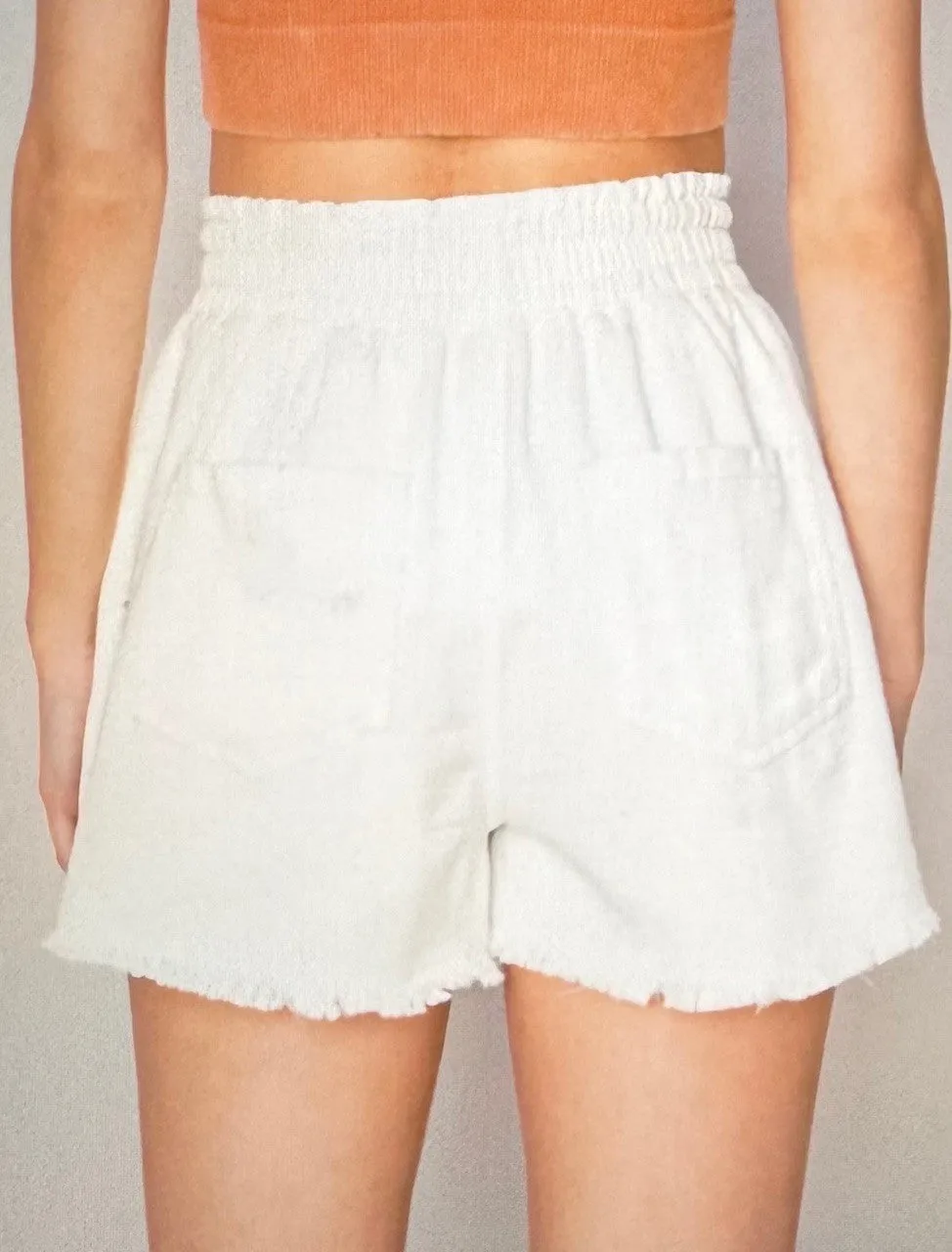 On the Go Denim High Waisted  Flared Drawstring Shorts with Raw Hem in White or Black