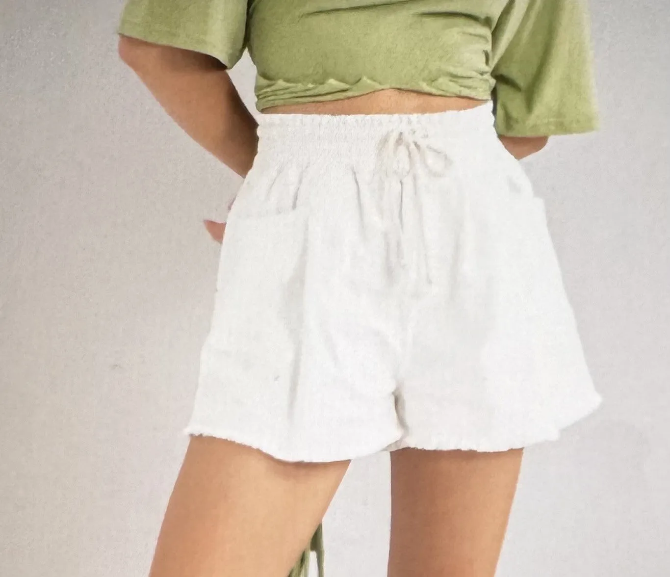 On the Go Denim High Waisted  Flared Drawstring Shorts with Raw Hem in White or Black