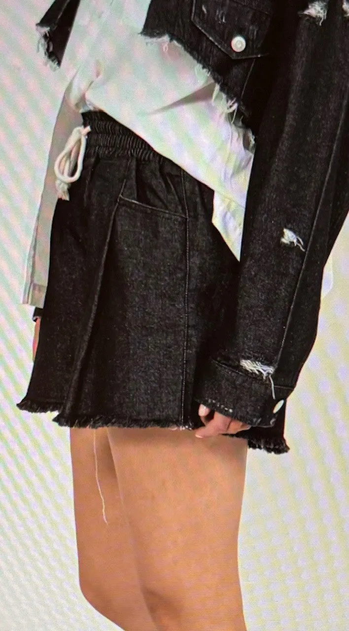 On the Go Denim High Waisted  Flared Drawstring Shorts with Raw Hem in White or Black
