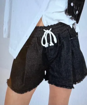 On the Go Denim High Waisted  Flared Drawstring Shorts with Raw Hem in White or Black