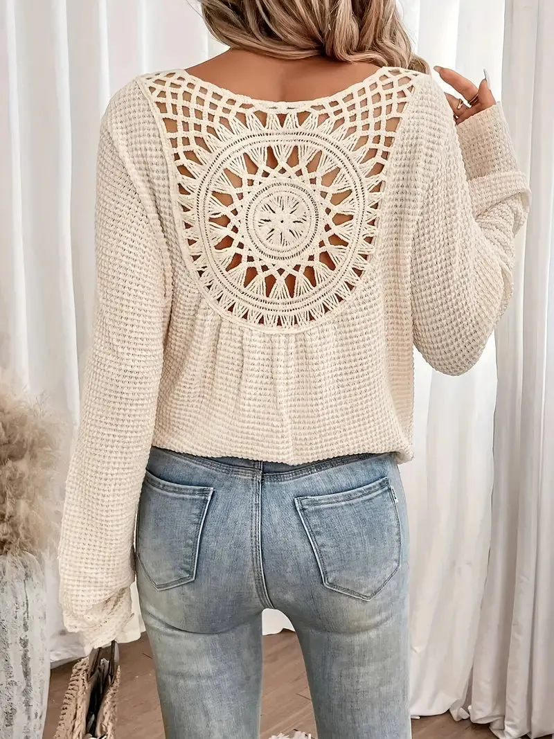 Open-Back Waffle Knit Long Sleeve Top