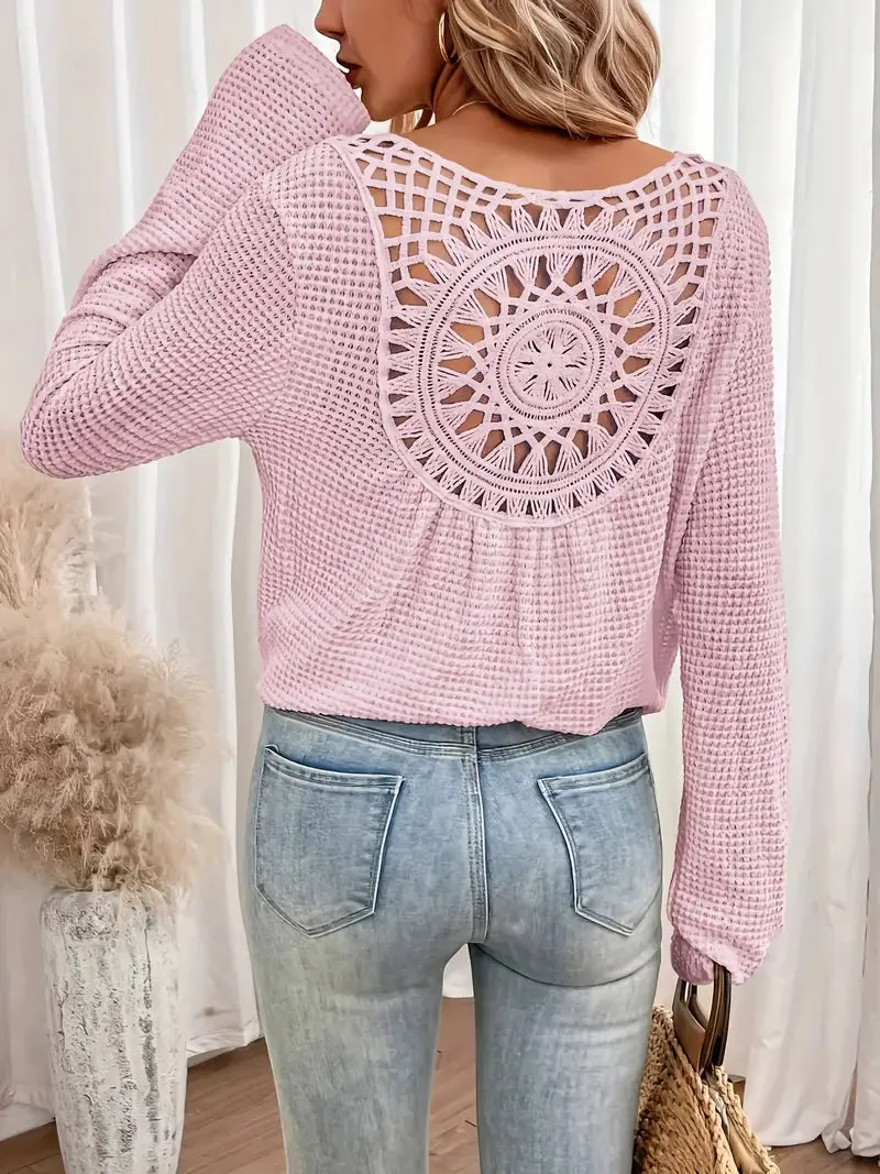 Open-Back Waffle Knit Long Sleeve Top
