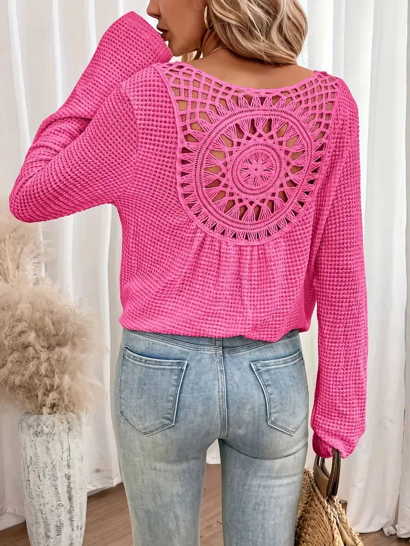 Open-Back Waffle Knit Long Sleeve Top