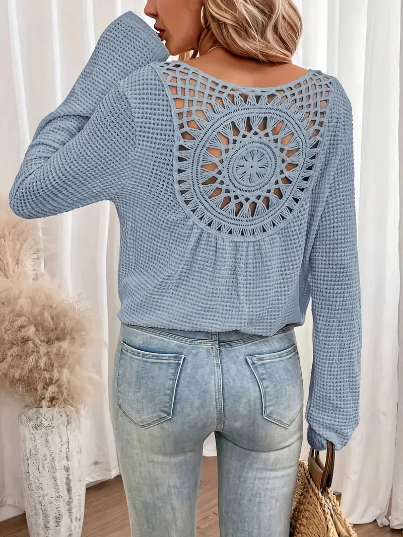 Open-Back Waffle Knit Long Sleeve Top